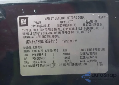 2007 Chevrolet Tahoe Lt from USA, damaged, VIN 1GNFK13087R374116